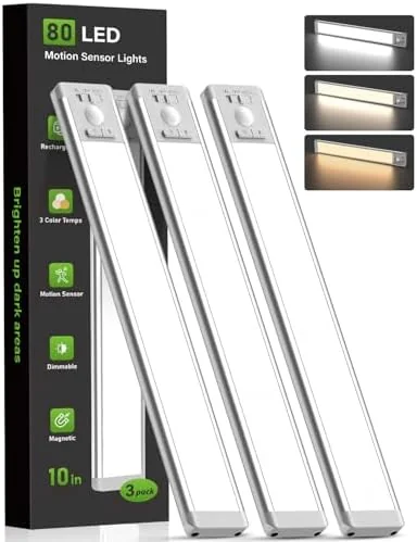 MCGOR 3 Pack 10inch Under Cabinet Lighting with 3 Color Temps, Rechargeable Motion Sensor Light