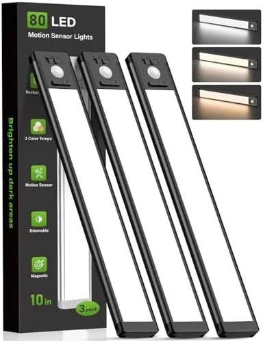 MCGOR 3 Pack 10inch Under Cabinet Lighting with 3 Color Temps, Rechargeable Motion Sensor Light, Black