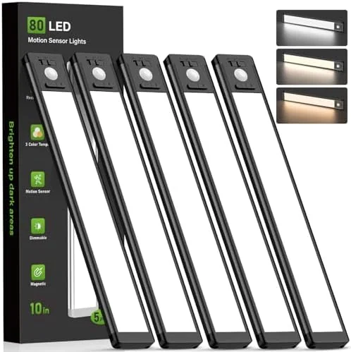 MCGOR 5 Pack 10inch Under Cabinet Lighting with 3 Color Temps, Rechargeable Motion Sensor Light, Black