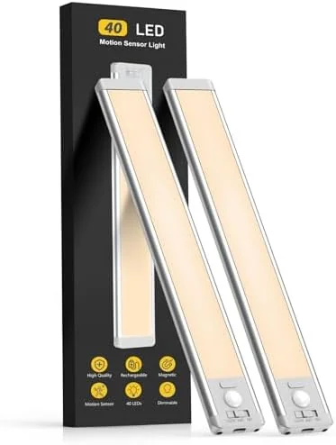 MCGOR 10inch Under Cabinet Lighting 2 Pack, Rechargeable Motion Sensor Light, 5 Levels Dimmable, Black